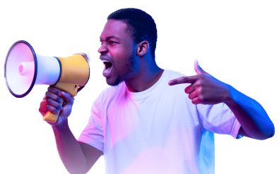 Full length portrait of aggressive young mans shouting using megaphone isolated over purple studio